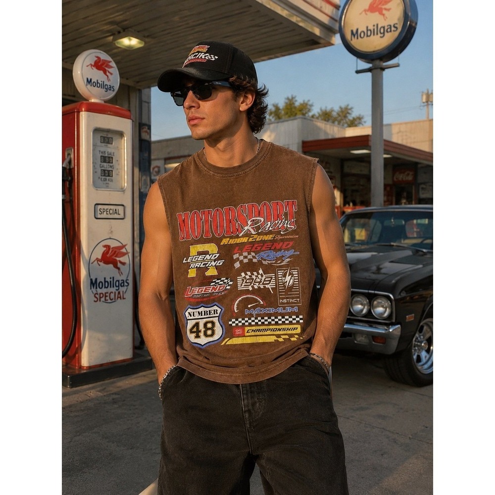 Y2K Motorsport Racing Sleeveless Graphic Tee Brown Acid Wash Cotton 22x26
